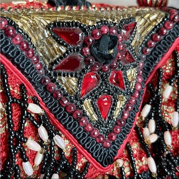Mary Frances Red Black Beaded Embellished Hardshell Purse Artsy Southwestern - Picture 3 of 16